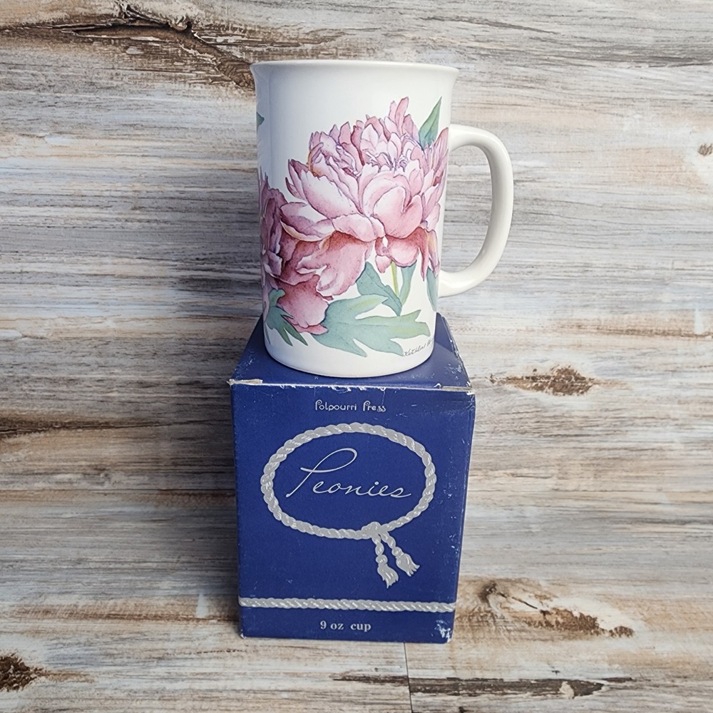 Vintage 1991 Potpourri Press Peonies Tall Coffee Mug Kathleen Dieringer 9oz Box